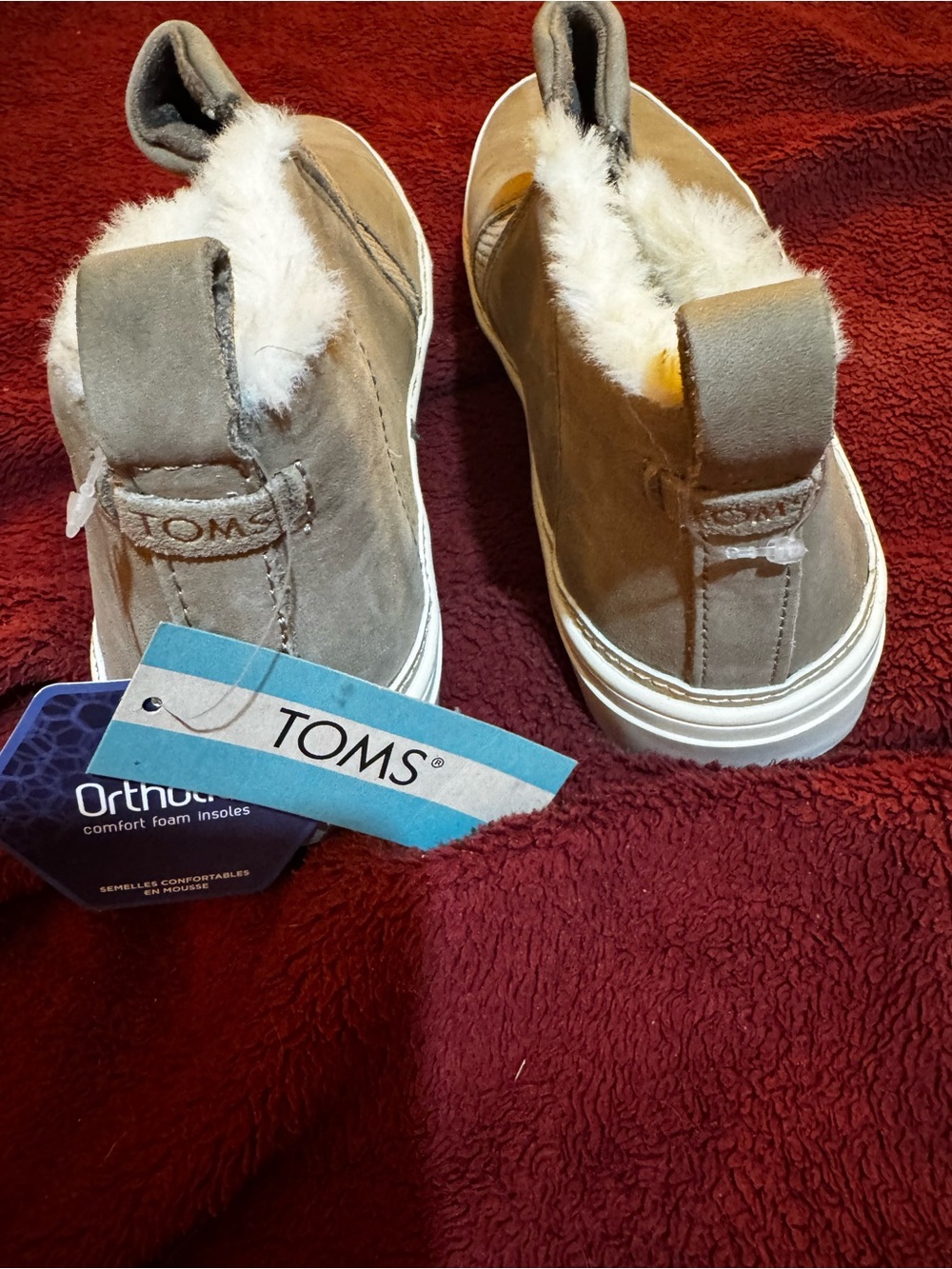 TOMS Taupe Suede Slip-On Sneakers with White Fur Lining